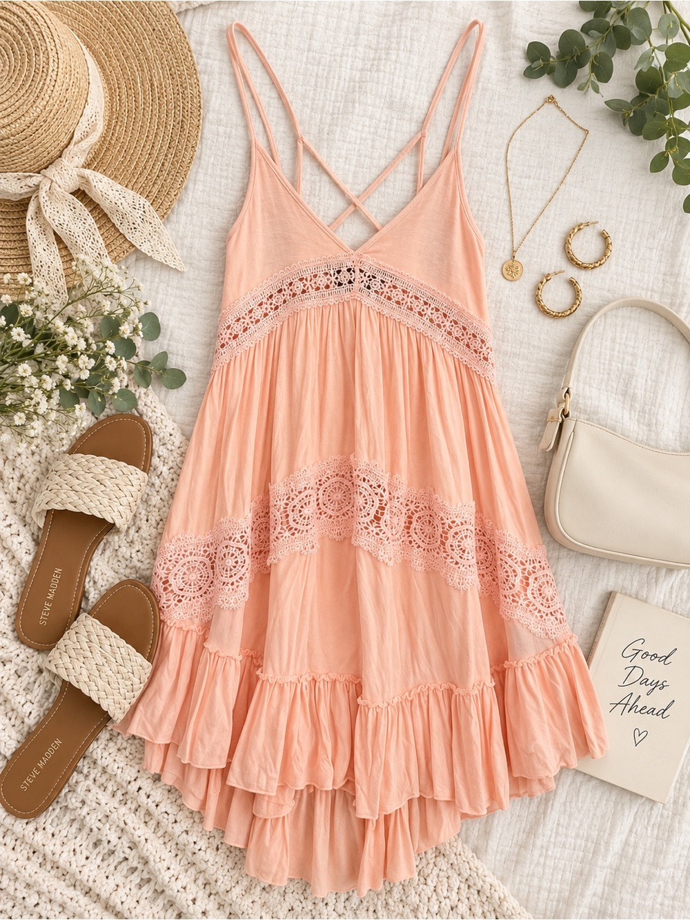 POL Blush Peach Crochet Lace Boho Tiered High Low Dress Size S